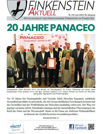 Titelseite Finkenstein Aktuell Juni-Ausgabe 2024. 20 Jahre Jubiläum der Firma Panaceo bei der Pressekonferenz am 20. Mai im Schloss Finkenstein. Firmengründer Jakob Hraschan 